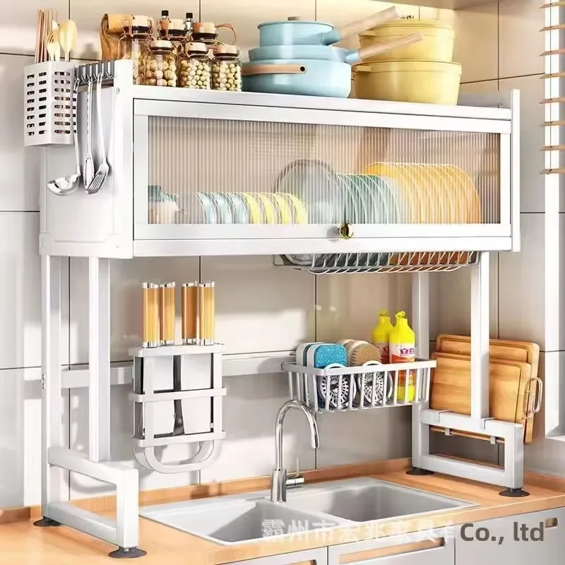 Multifunctional Kitchen Cabinet Storage Rack Countertop Dish Rack with Door and Drip Tray Dust Proof Bowl Organizer Shelf