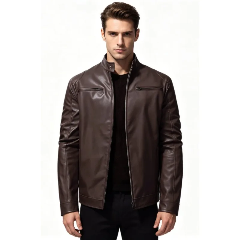 New Men's Faux Leather Jacket Autumn Fashion Solid Color Zipper Motorcycle Jacket Men's Casual Long Sleeve Zipper Button Jacket