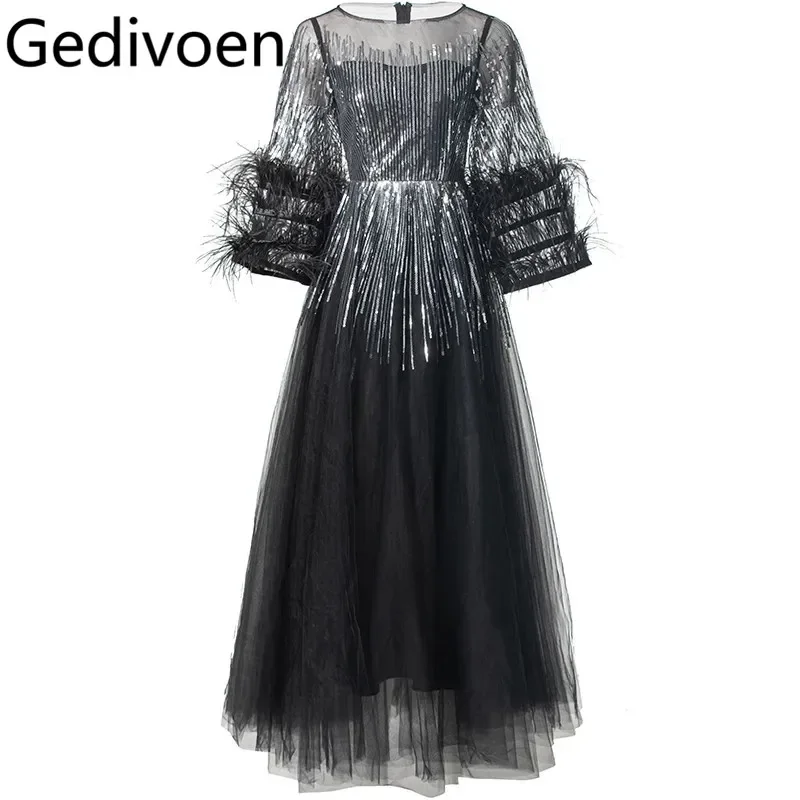 Gedivoen Women's Elegant Gorgeous Ball Gown Dress Mesh Sequins Long-Sleeved Feathers Autumn and Winter Party evening Dresses