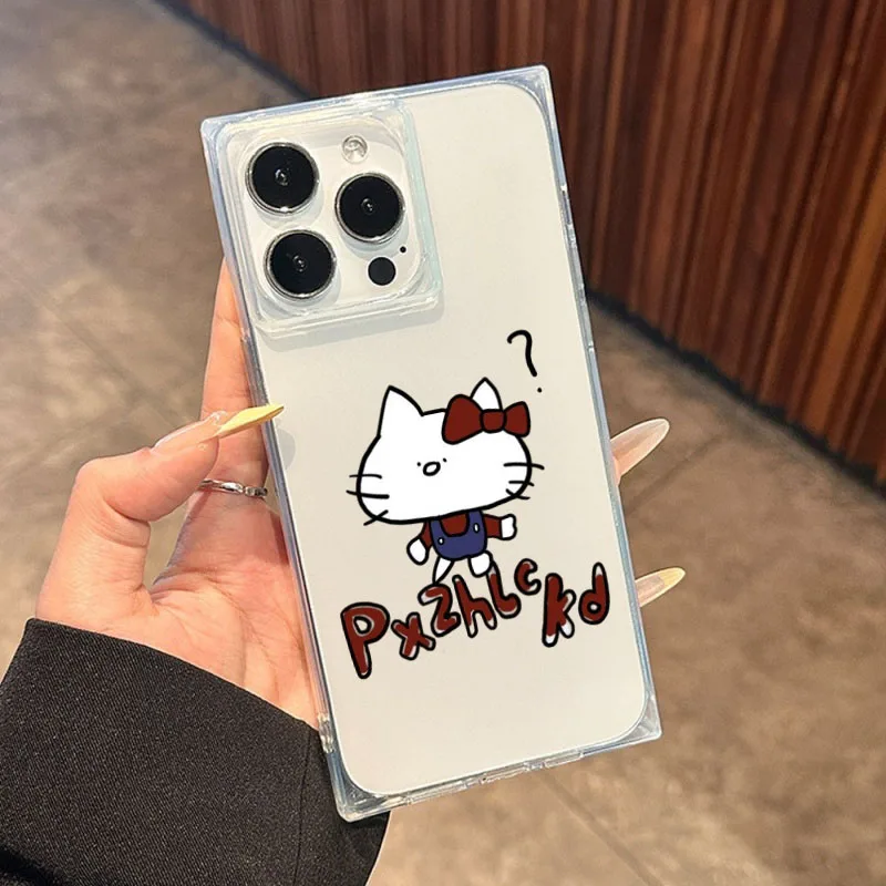 Hello Kitty Funda de teléfono suave cuadrada transparente a prueba de golpes Airbags de esquina compatibles con iPhone 12 13 14 15 16 17