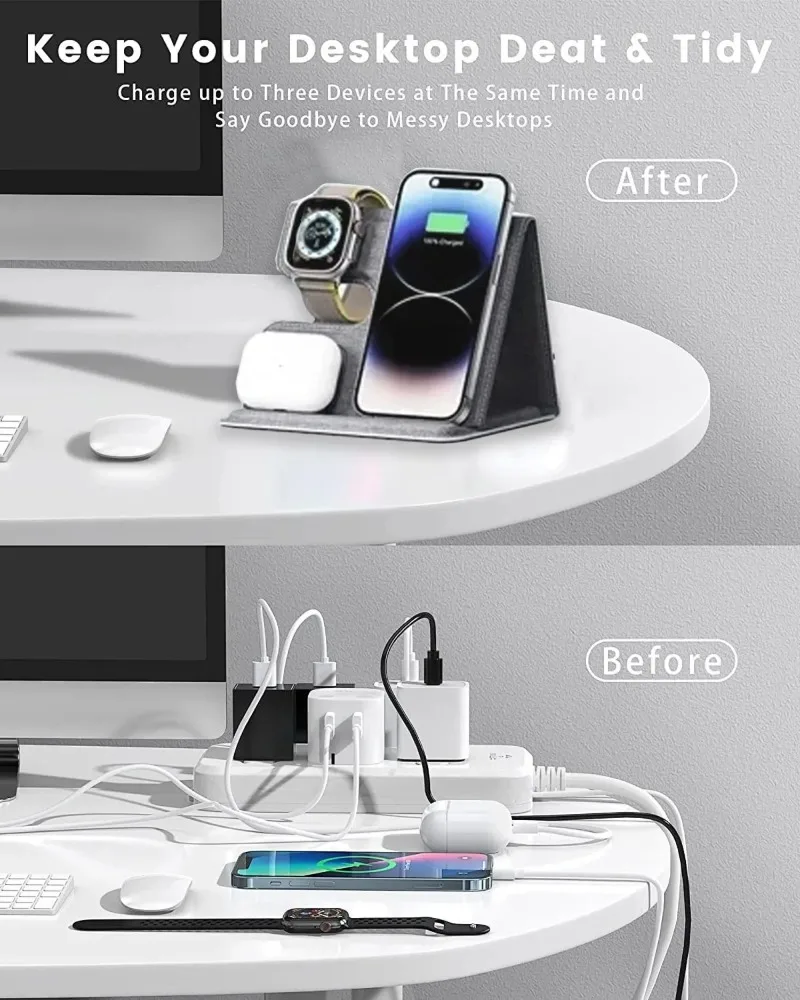 3 in 1 Fabric Wireless Charger Station Foldable Desktop Stand Dock for iPhone Apple Watch AirPods Fast Charging Phone Holder Use