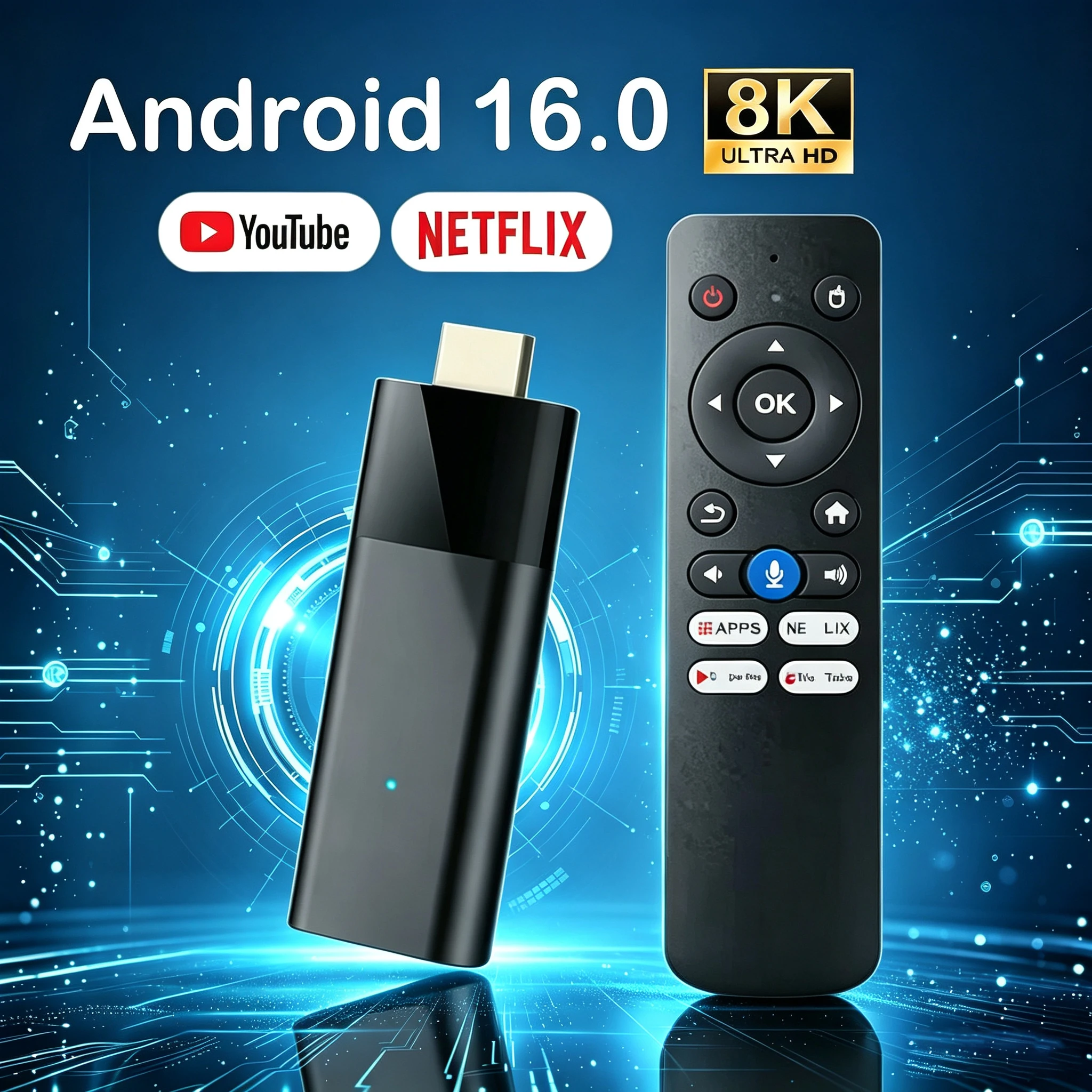 Android 16 TV Stick Allwinner H313 Chip 8GB+256GB 8K Ultra HD 2.4G/5G Dual WiFi Bluetooth 6.0 Google Assistant Streaming TV Box