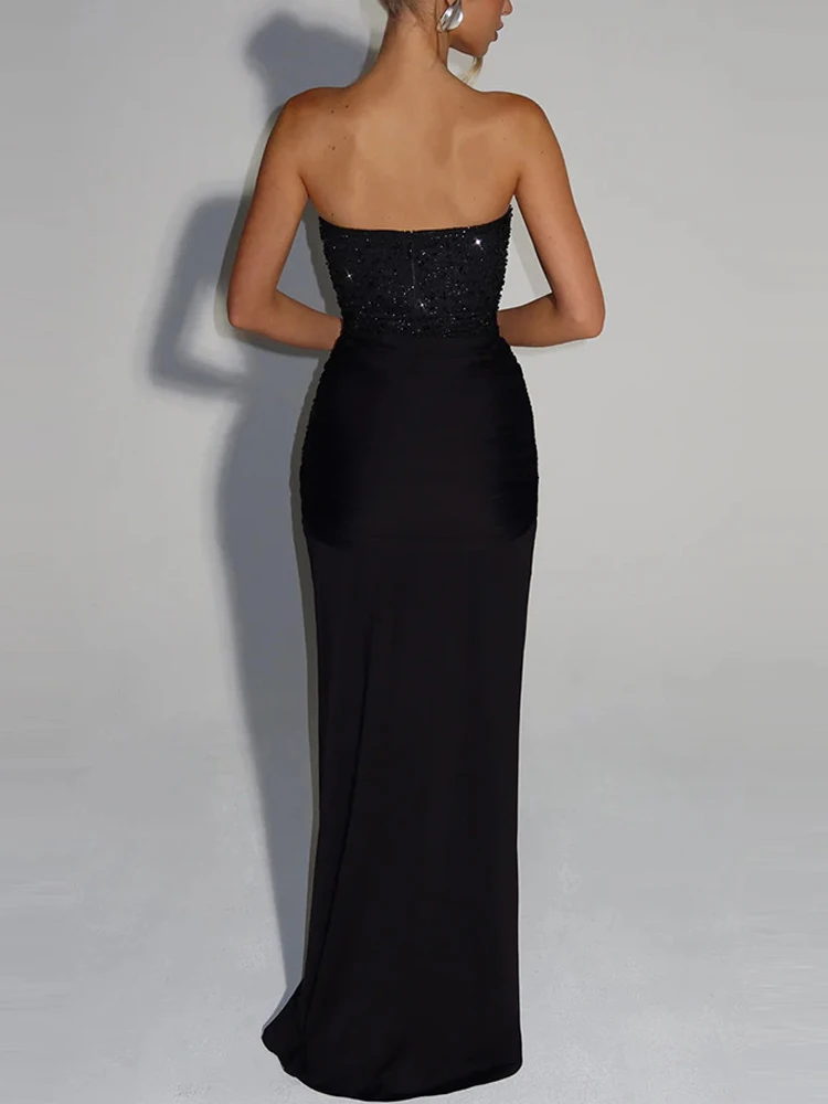 女性のセクシーなストラップレスノースリーブイブニングドレスファッションウエストスリムソリッドウェディングドレスエレガントなスパンコールスプライシングプリーツロングドレス