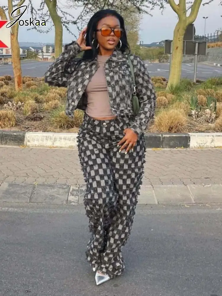 

Joskaa 2025 Fall Women's Denim 2 Piece Set Casual Jacquard Plaid Lapel Full Sleeve Jacket and Wide Leg Jeans Matching Streetwear