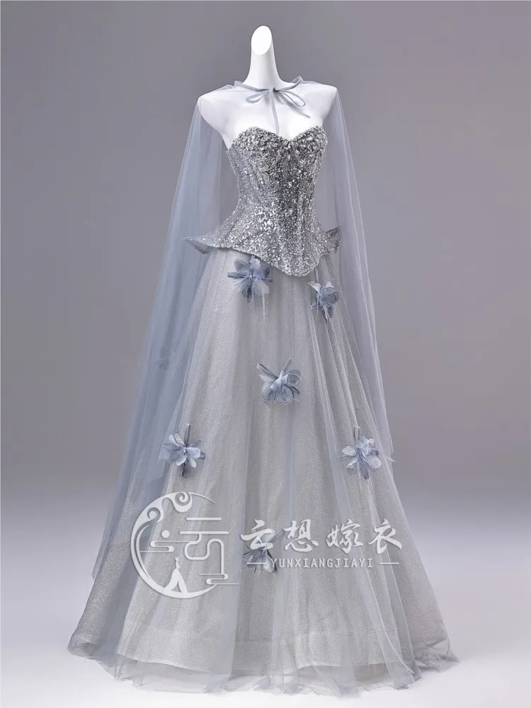 Luxurious strapless sequined mesh long three-dimensional flower host dress