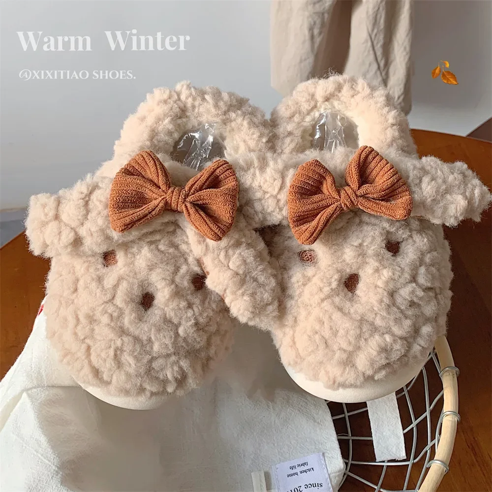 

Autumn and winter soft cute creative bow bunny warm cotton slippers indoor Baotou soft bottom plush slippers female