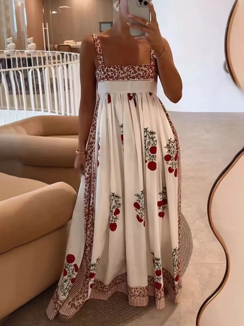 Fashion Pirnted Hem Pleated Maxi Dress Women Summer High Waist Sleeveless Backless Streetwear White Long Dresses Vacation Robes