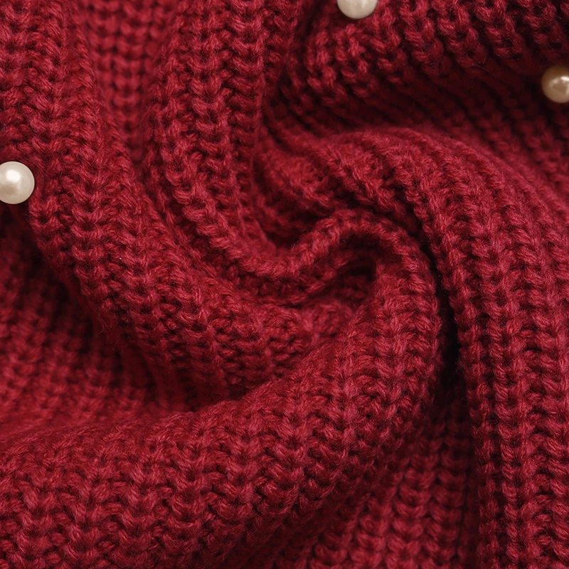 سترة نسائية محبوكة باللون الأحمر لعيد الميلاد ورقبة على شكل حرف V وأكمام طويلة مع زر زهور لؤلؤية سترة دافئة كاجوال فضفاضة #5