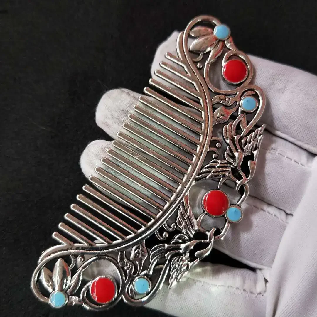 Old Collectibles Decorated Miao Silver Handwork Carved Elegant Comb Decoration