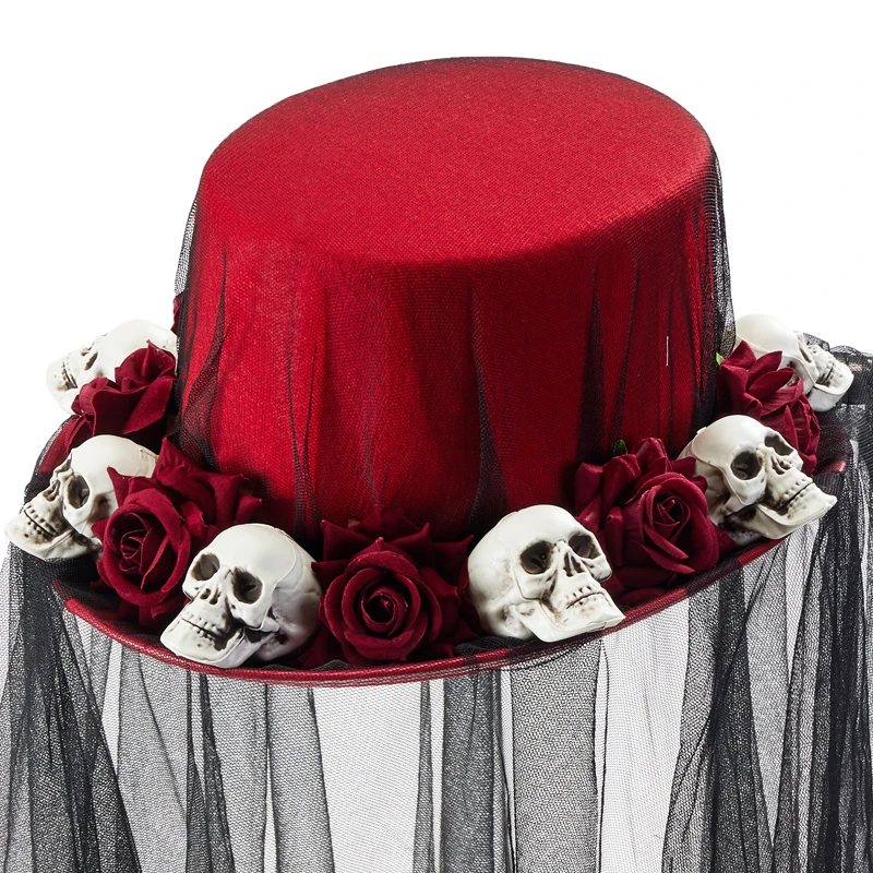 Handmade Black Veil Hat for Women Lolita Victorian Gothic Skull Rose Top Hat Party Fandy Dress Headwear