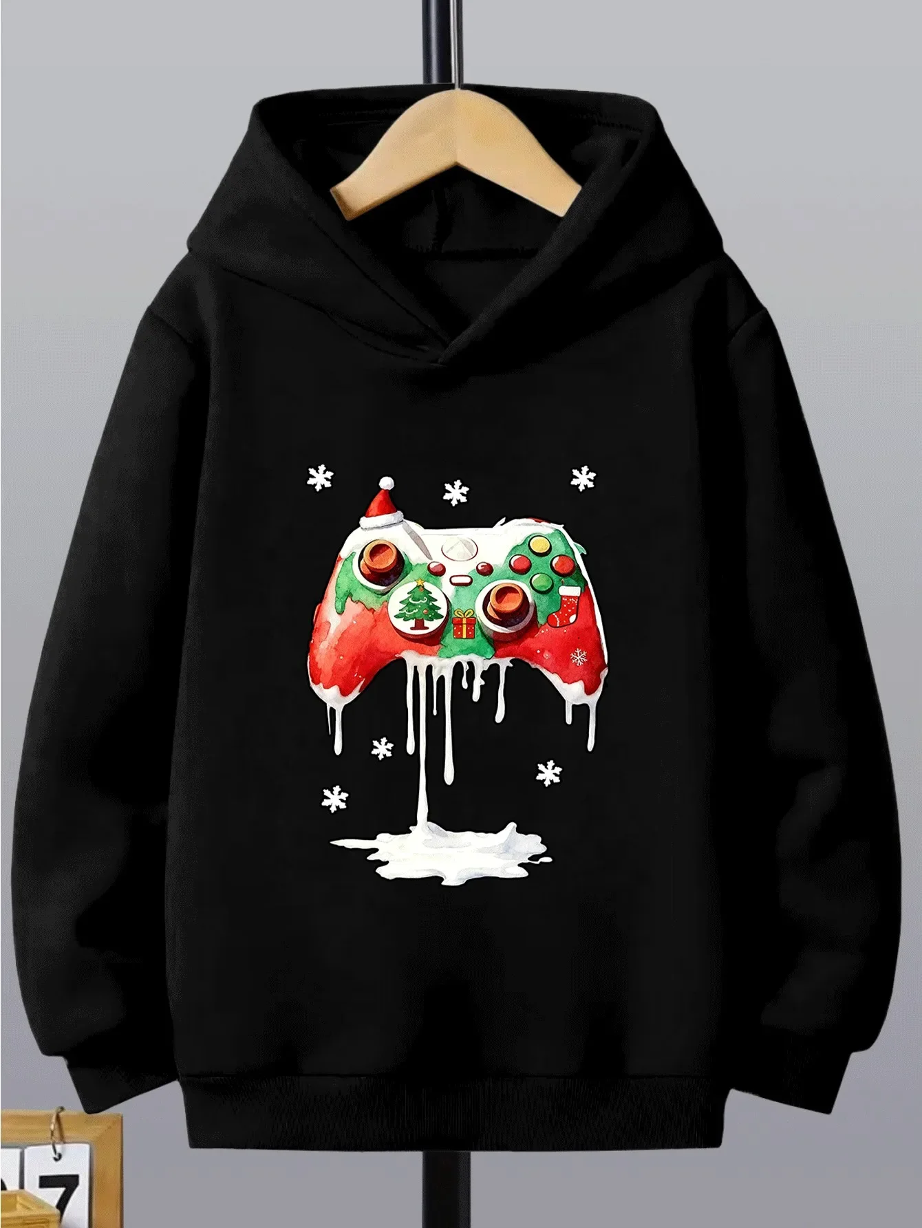 Christmas Game Controller Kids Hoodie Snowflake Santa Hat Chest Print Autumn Winter Fleece Warm Casual Hooded Sweatshirt
