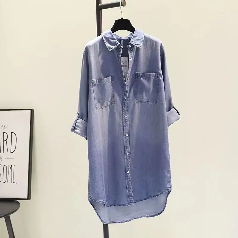 

Fashionable Brand Mid-length Cotton Denim Shirt Dress for Women, New Autumn Double Pocket Rolling Sleeve Thin Shirt for Women