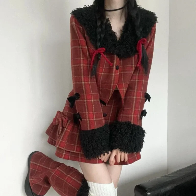 Vintage Tweed Skirt Suits Gothic Y2k Girls Cropped Coat Tops with High Waist Ruffle Mini Plaid Skirt Leg Covers Set Women Outfit