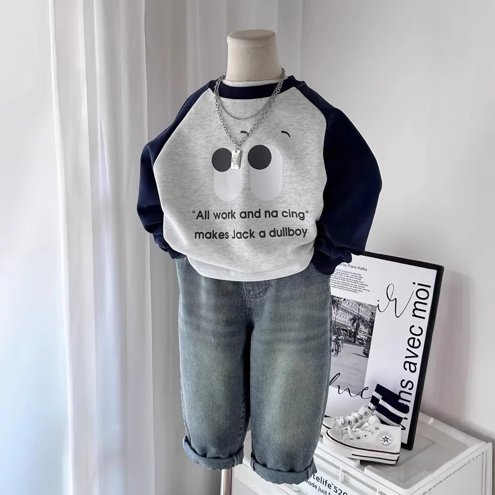 

Boys' Contrast Trim Hoodie Printed Round Neck Pullover Medium Kids Spring Autumn Cotton Top Children's Casual Clothing