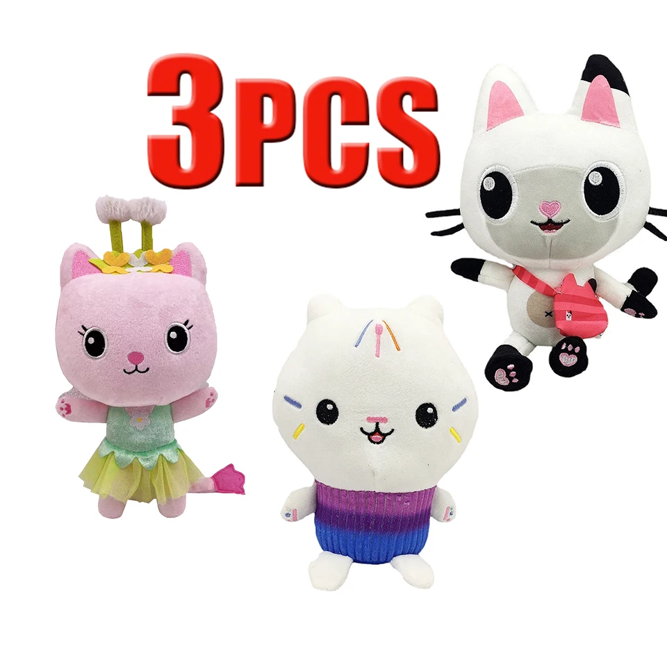 INSTOCK 20CM-25CM 3 uds casa de muñecas Gabby juguete de peluche Mercat dibujos animados animales de peluche gato sonriente coche abrazo de gato muñecas de niña Gaby cumpleaños