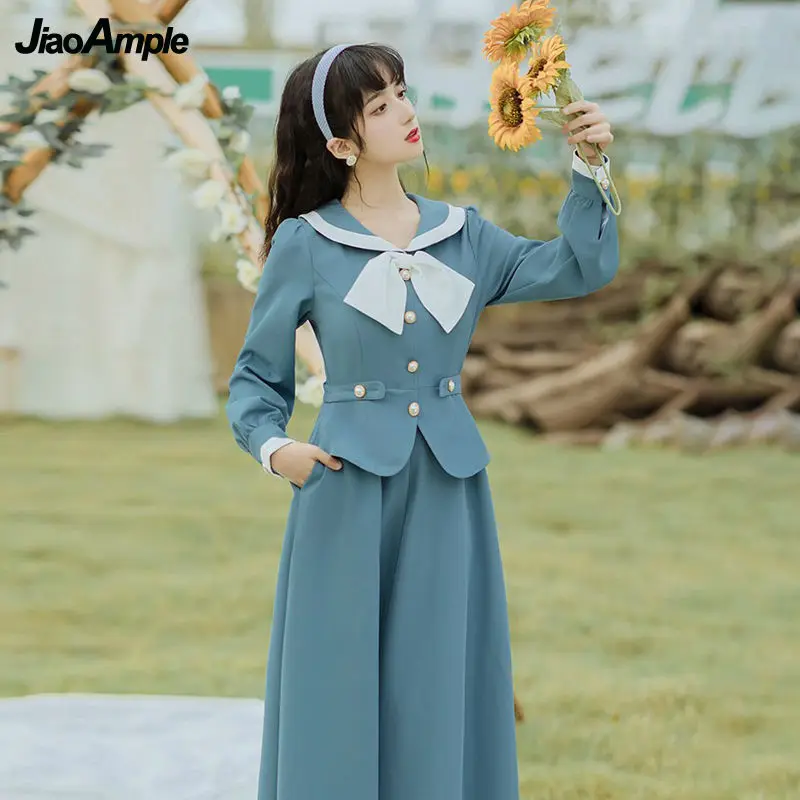 Women\'s Dresses 2024 Spring Autumn Fashion Fake Two-Piece Lantern Sleeves Blue Casual Dress Korean Elegant Bow Retro Long Skirt