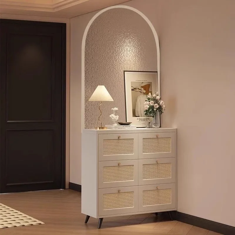 French Cream Style Entrance Shoe Cabinet with Glass Screen Partition Integrated Living Room Foyer Storage Unit Blocking View