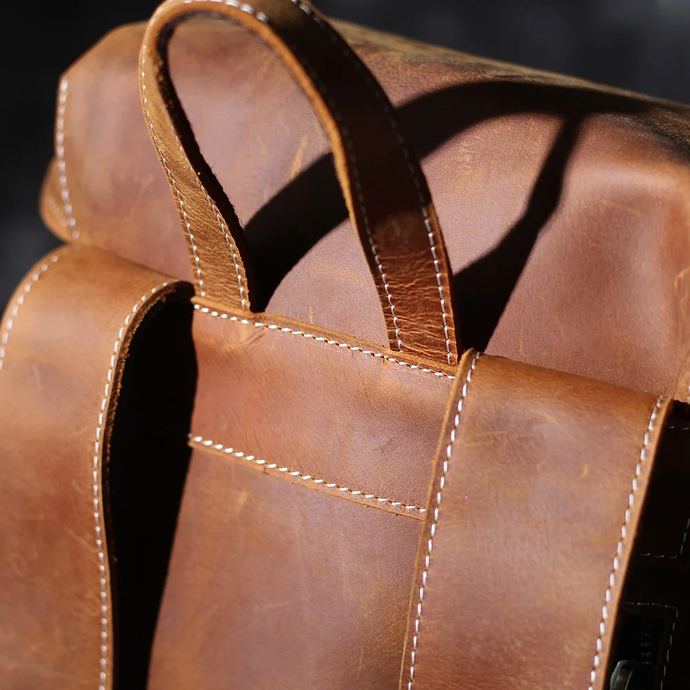 S.WORKER Vintage Echtleder-Rucksack für Herren, Reise-Vintage-Crazy-Horse-Schultasche, Große Laptop-Schultertasche aus Rindsleder für Männer – Detail 14