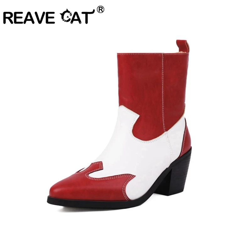 

REAVE CAT New Cowboy Boots Pointed Toe Embroidered 6.8cm Square Heel Leather Slip On Red Orange Apricot Big Size 46 47 48 US16