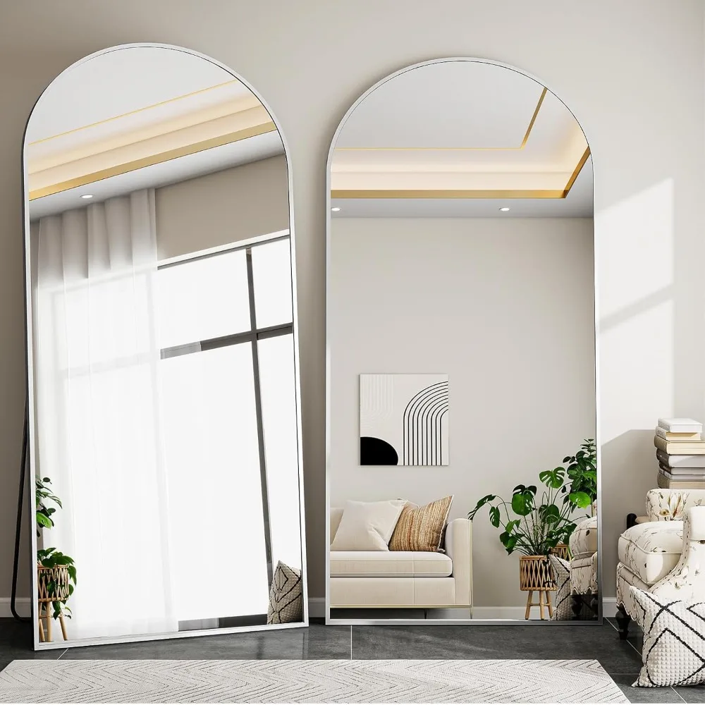 مرآة أرضية مقوسة بطول كامل مع إطار من الألومنيوم - مثبتة على الحائط أو مائل، مثالية لديكور المنزل والخلع الملابس