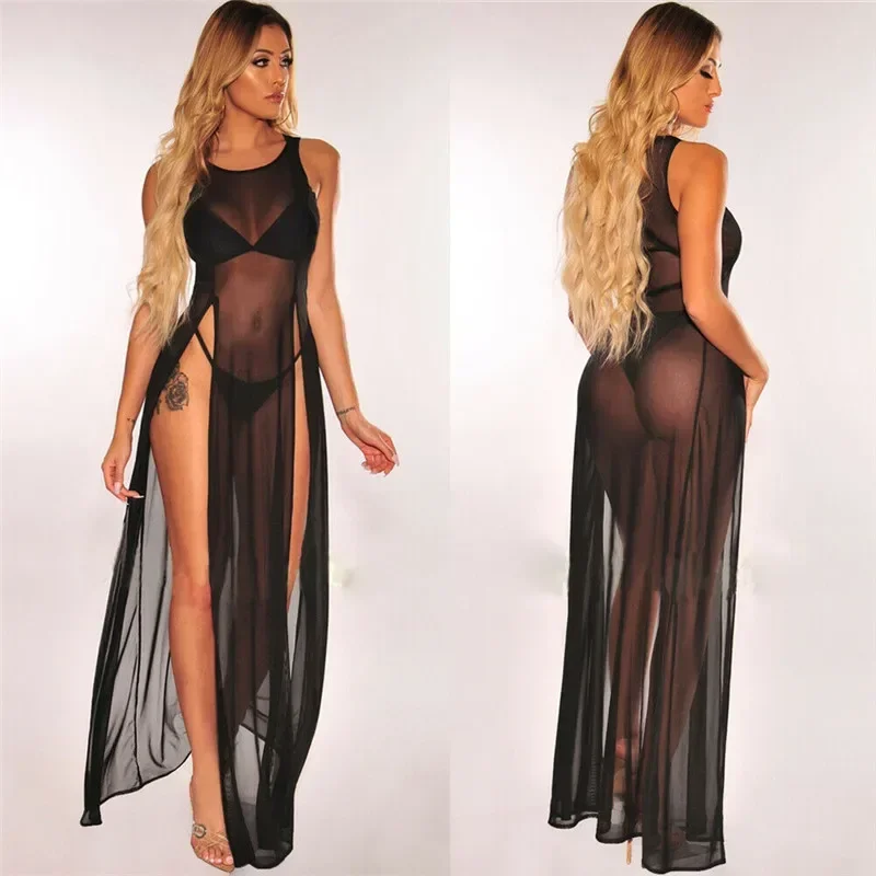 Sexy Womens Mesh Sheer Long Dress Ladies Bikini Cover Up Beach Sundress Solid See-through Long Dress Sleeveless Strap Dress