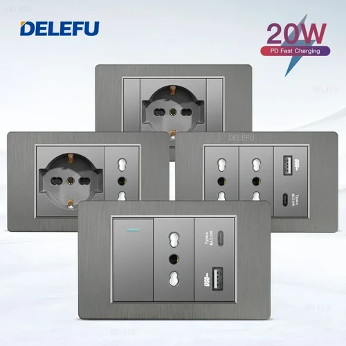 DELEFU gris PC cepillado Italia Chile USB TypeC enchufe de carga rápida Schuko Tuya Wifi interruptor inteligente Sat TV Tel timbre cortina