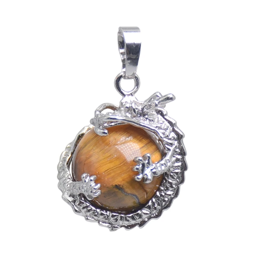 Dragon Wrap Natural Stone Pendants Round Ball White Crystal Carnelian 16mm Bead Reiki Chakra Healing Amulet Women Man Jewelry