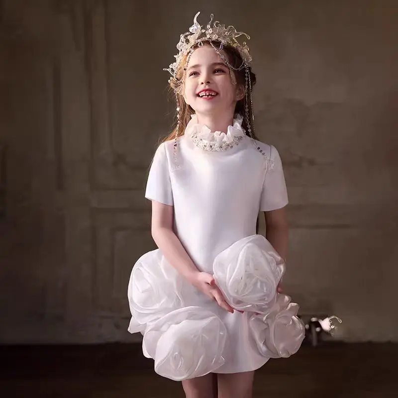 

White High Neck Crystal Flower Girl Dress Handmade Flowers Satin A-Line Princess Wedding Birthday Party Gown