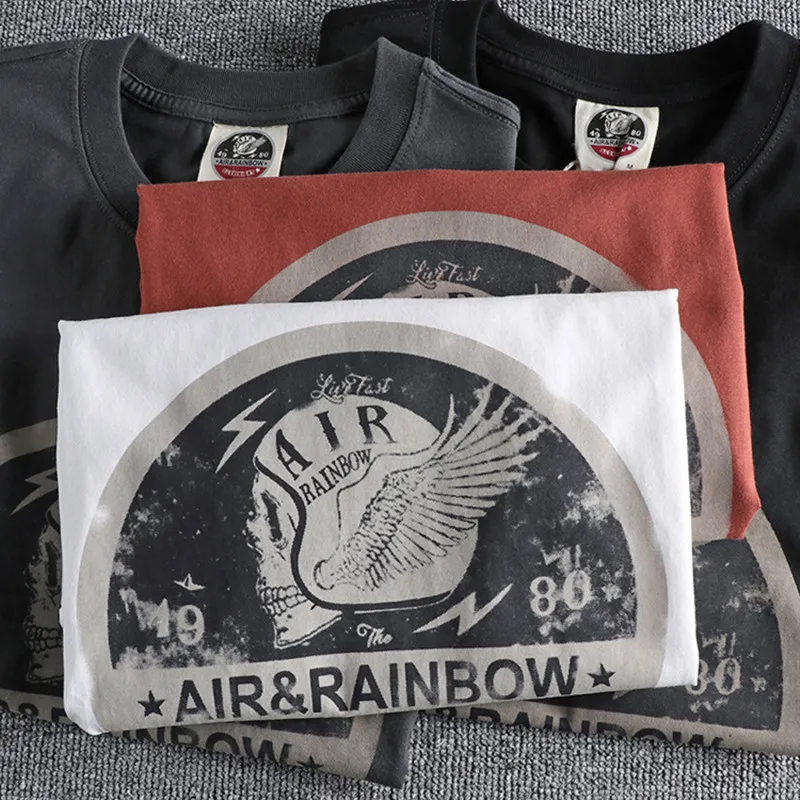 Summer New American Retro Odel Cool Fabric Short Sleeve Skull Printed T-shirt Men's Fashion 100% Cotton Washed Youth Casual Tops