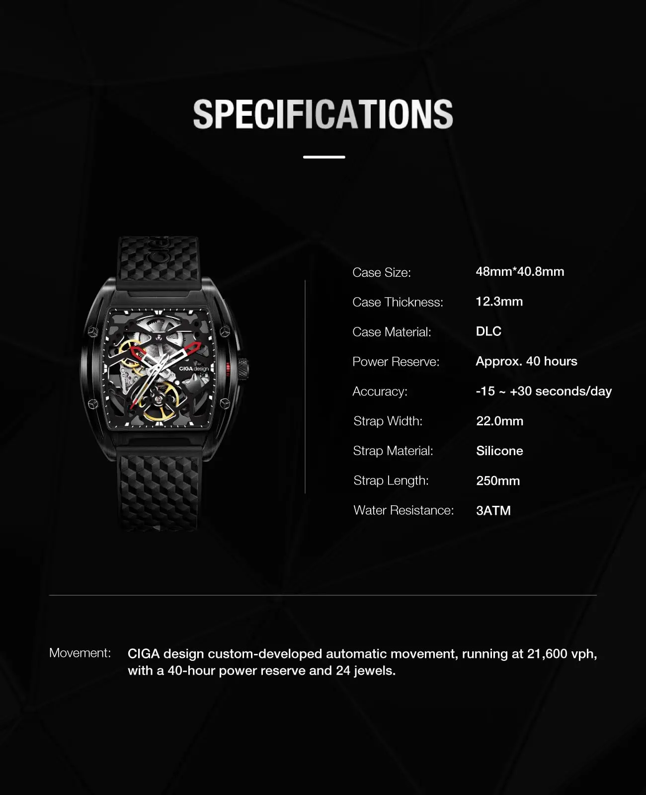 CIGA Design Automatic Mechanical Skeleton Watch for Men Z Series Black DLC Coatings Case Fashion Casual Male Watches Timepiece image 4