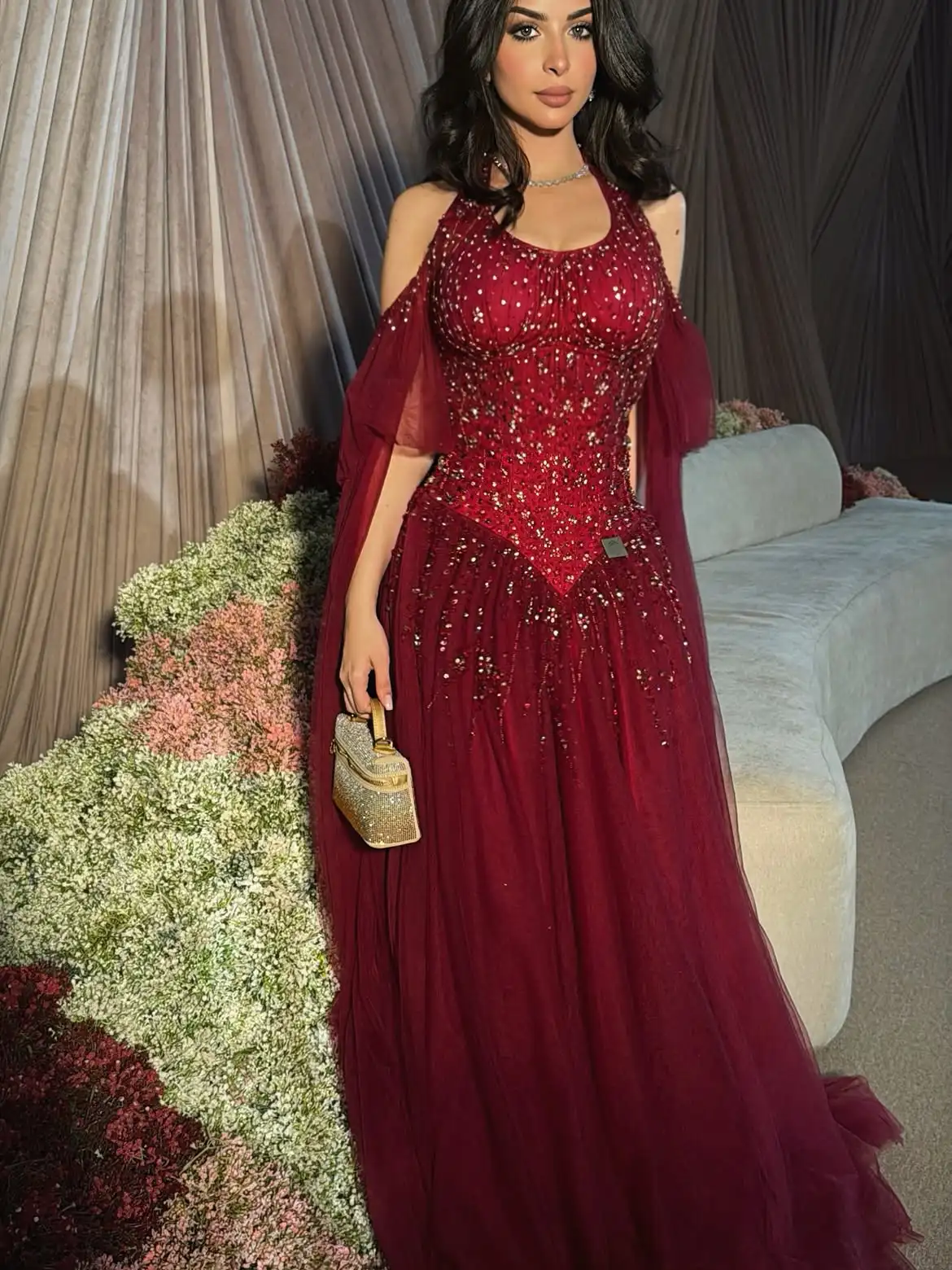 2026 Custom Allover Crystal Beaded A Line Gown Off Shoulder Burgundy Soft Sheer Flowing Chiffon Sleeves Luxury Red Carpet Dress