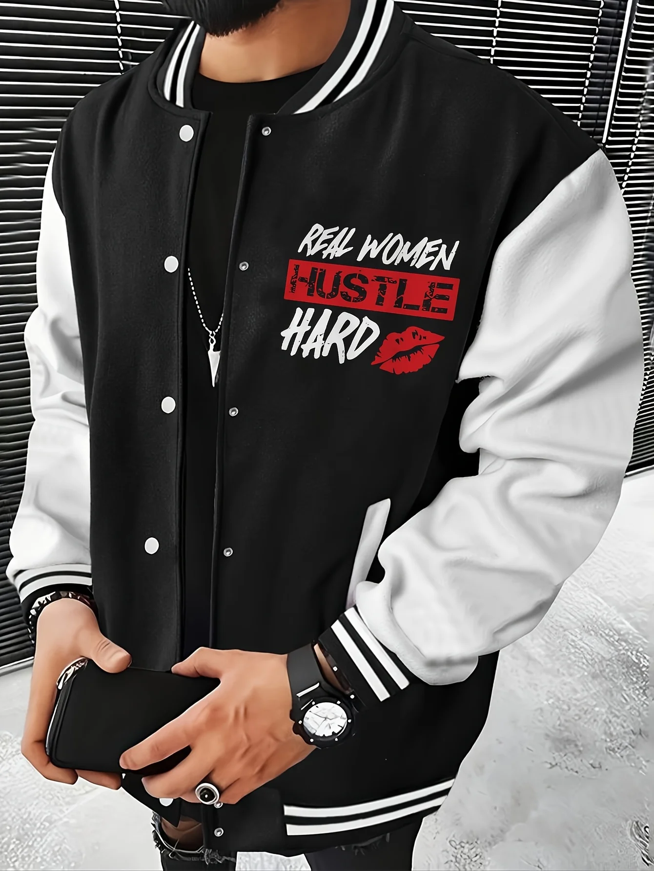 

Men's Casual School Team Jacket with Letter Loose Fit Baseball Collar Button Closure Elastic Warmth and Breathability