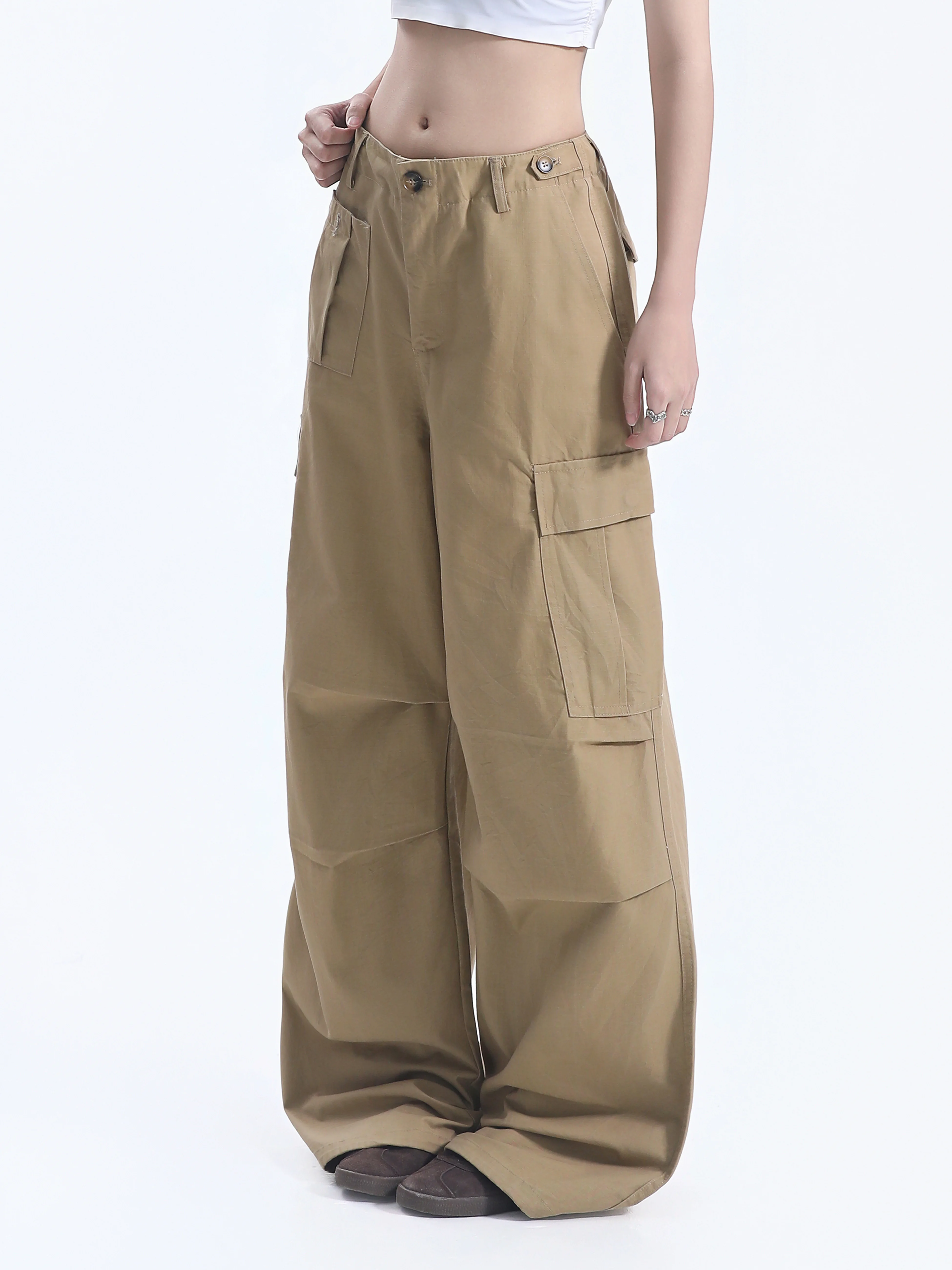 Vintage American Multi-Pocket Utility Pants Women's Wide Leg Straight Cut Floor-Length BF Street Style Long Trousers