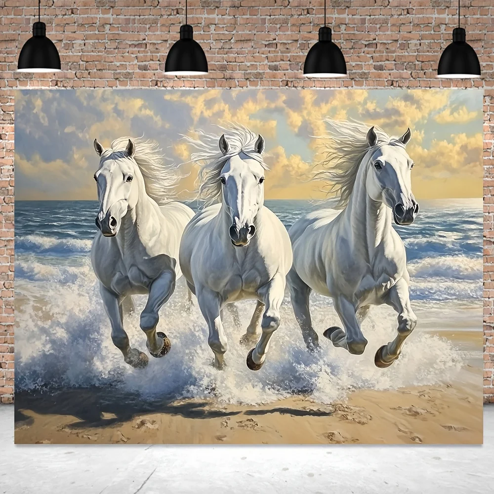 Three White Horses Galloping on Beach Dynamic Ocean Sunset Wall Art Boho Decor Hanging Tapestry