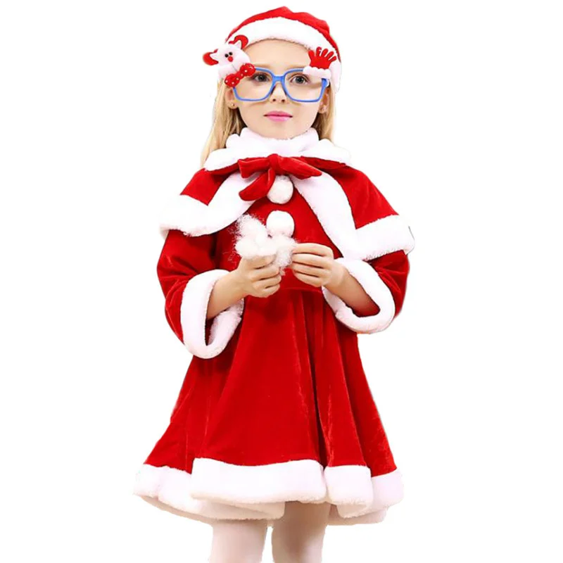 Vestido vermelho de Papai Noel infantil com capa, traje de Natal para meninos e meninas, roupas de cosplay infantil, roupas de menina, 2, 4, 6, 8, 10 anos