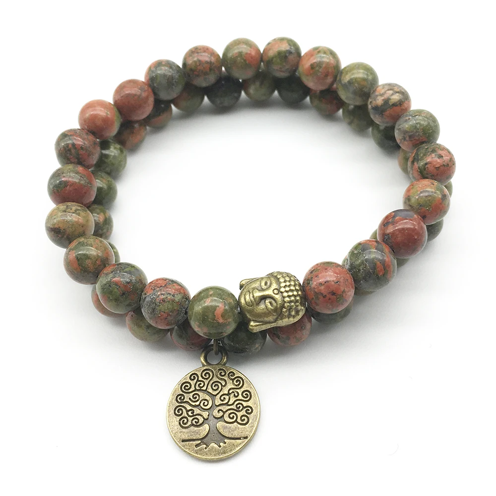 

SN1275 Tree of Life Buddha Bronze Charm Bracelet Set Vintage Design Unakite Bracelet High Quality Natural Stone Jewelry