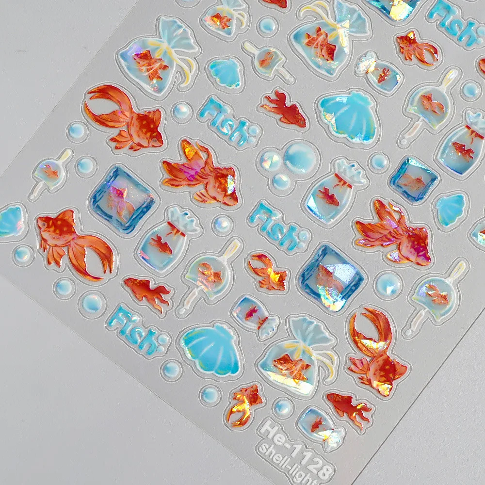 Autocollants pour ongles en Relief 3D nacrés brillants, autocollants imperméables de poisson rouge de dessin animé mignon pour filles, coque de téléphone, caméras, décoration DIY