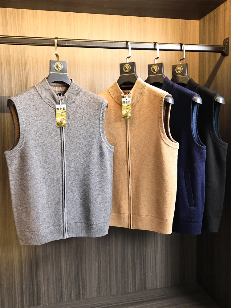  100% Wool Knitted Vest Men's Fine Texture Autumn Winter Fashion Urban Style Moisture Wicking  Color Zipper Clo...