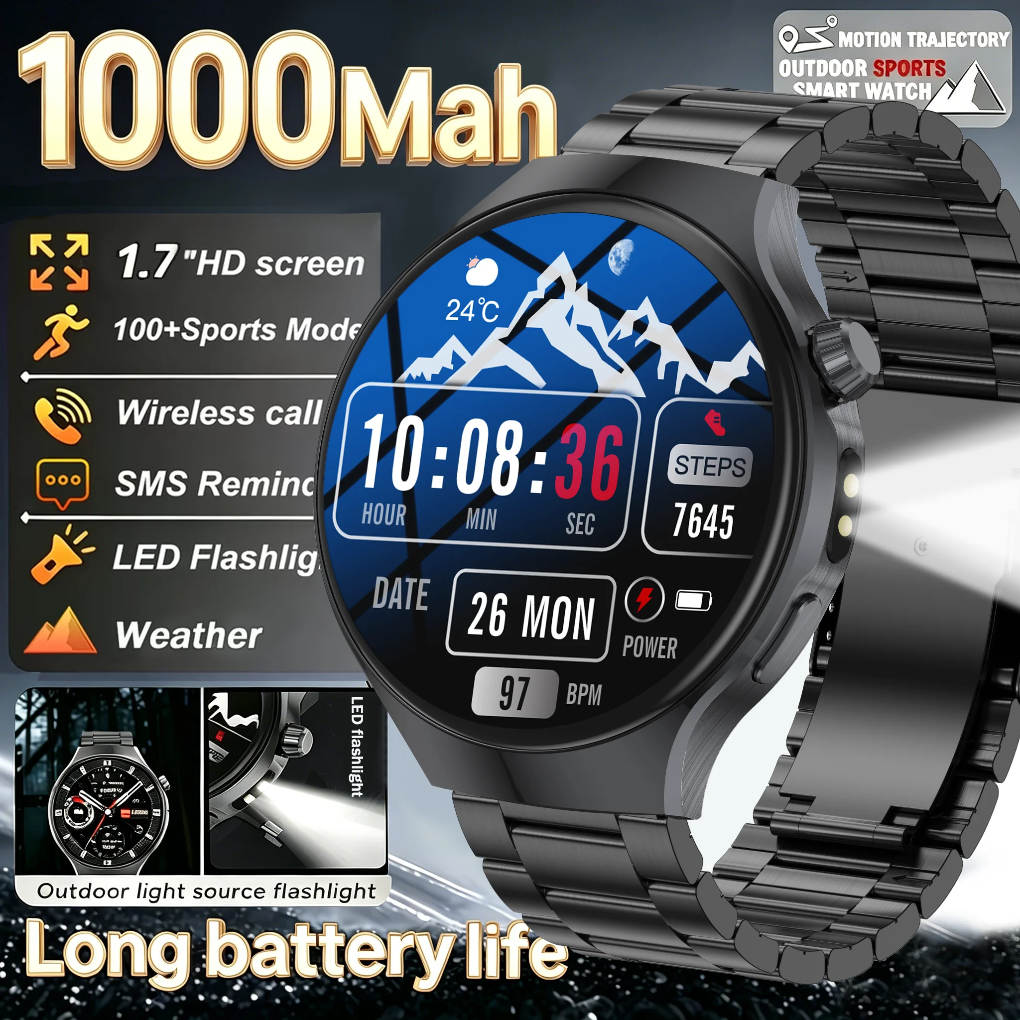 

New Men's Smart Watch Health Monitor Bluetooth Call 1000mAh Battery Large Battery LED Flashlight 120+ Sports Mode Smartwatch Men