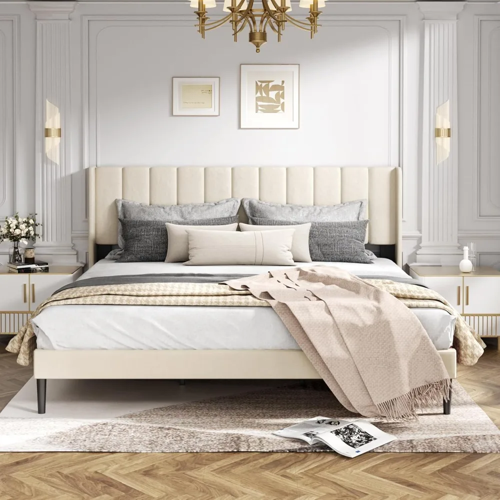 

King Size Velvet Bed Frame and Vertical Chanel Tufted Headboard, Upholstered Platform Bed wtih Wingback，No Box Spring Needed