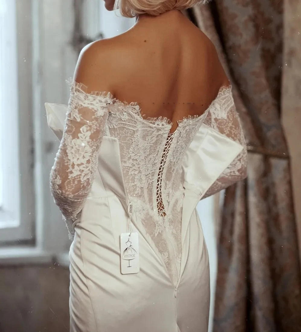 Abito da sposa classico a sirena 2026 con spalle scoperte e spacco alto maniche lunghe in raso di pizzo abiti da sposa da sposa abiti da noiva
