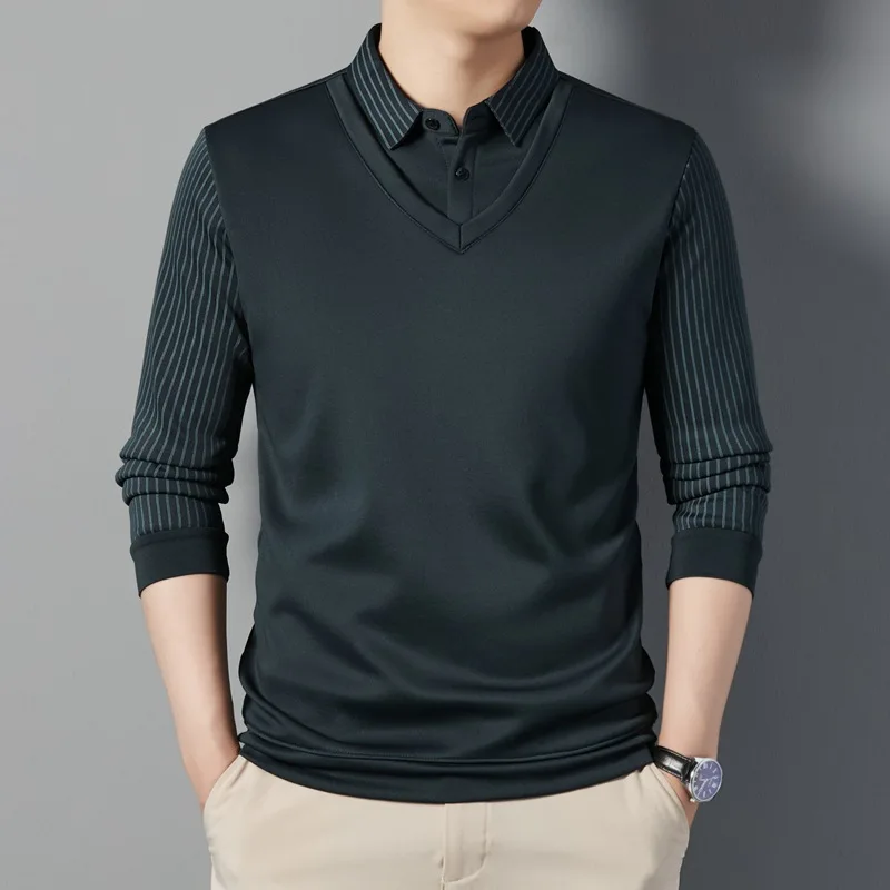 

2025Autumn and Winter Long Sleeved T-shirt Men's Fashion Fake Two-piece Base Shirt Loose Casual Collar Top Solid Color Warm Top