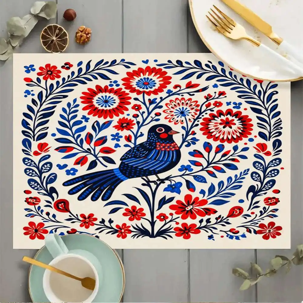 Elegant Stylish Birds and Blooms Table Pad, Machine Washable Placemat for Dining, Tea Table, Home Decor and Holiday Party Gift