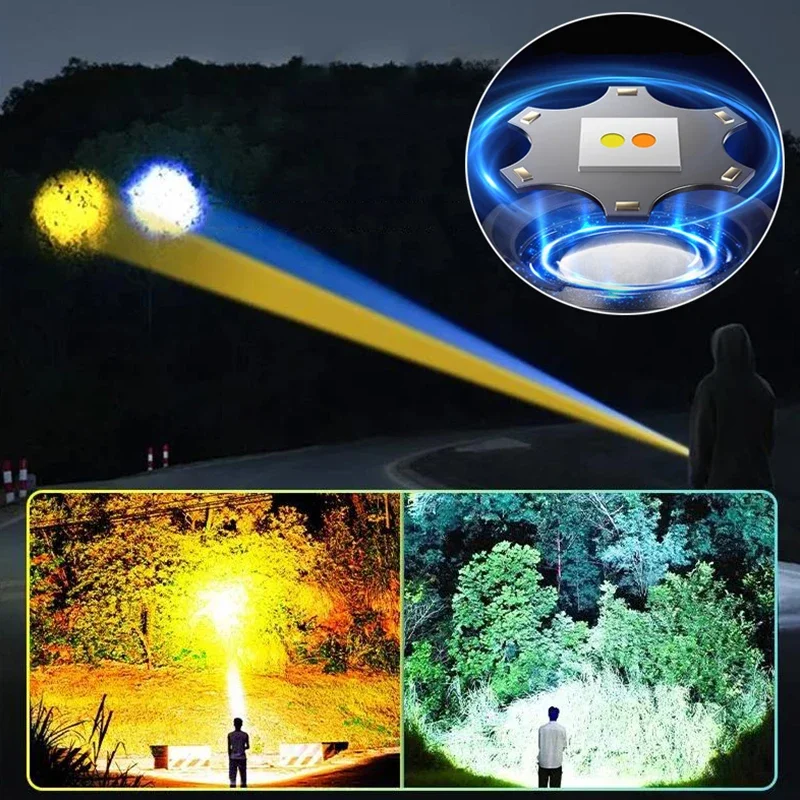 10000000Lm High Power White And Yellow Laser Dual Light Source Flashlight Cob Side Light Tactical Flashlight Emergency Spotlight
