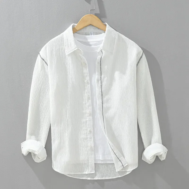 

Spring Color Blocking Personalized Design Lapel Shirt for Men Casual Long Sleeved Top with a Sense of Texture