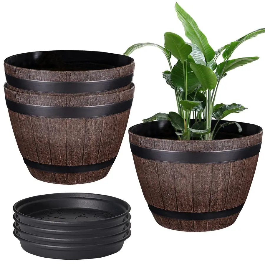

Plant Pots with Drainage Holes amp Saucer, 13 Inch Flower Pots with Tray, 3 Pack Plastic Whiskey Barrel Planters for Indoor amp