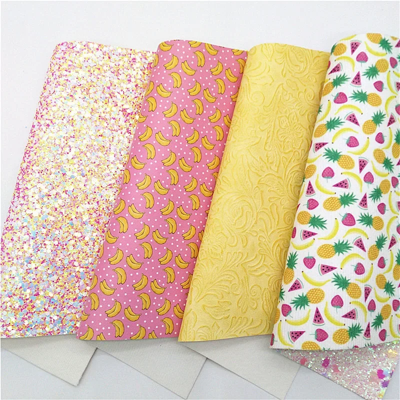 Vintage Flowers Embossed Faux Leather Bananas Pineapples Printed Synthetic Leather Summer Glitter For Bows DIY 21x29CM Q1202