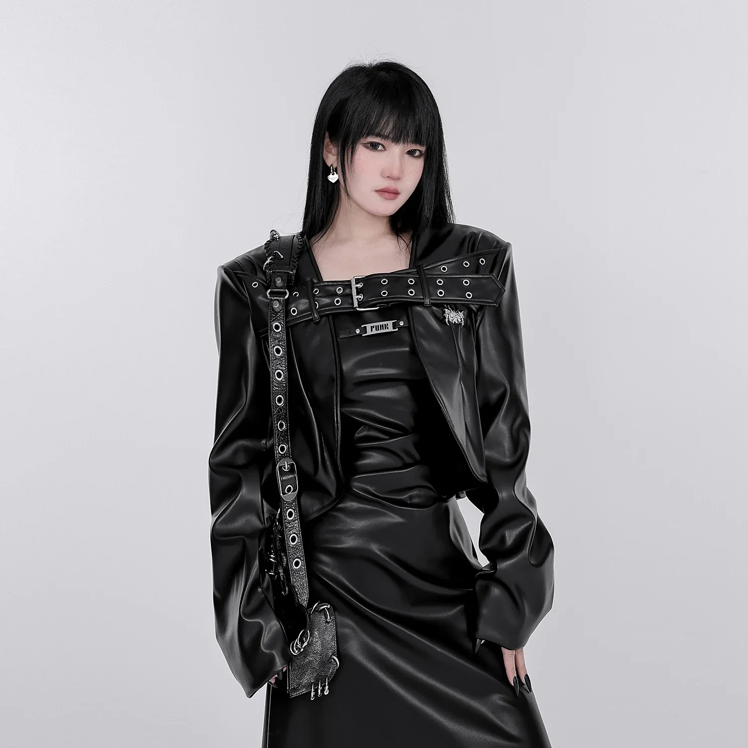 

New Spring Autumn Hot Girl High Quality Black PU Leather Loose Coats Long Sleeve Needle Buckle Metal Fashion Jacket