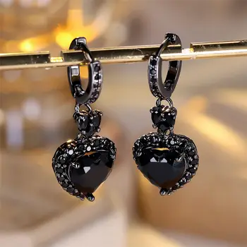 עגילי חישוק לב אבן זירקון שחורה קטנה נשית קסם תכשיטי חתונה וינטג' אופנתיים לנשים 8 best sales זירקון שחור - №2