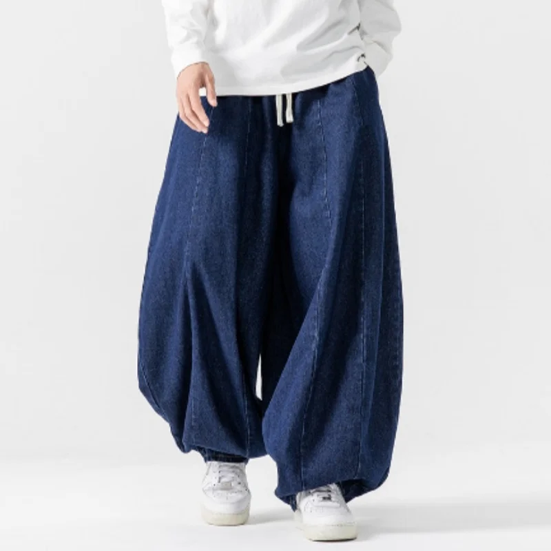 2025 New men's pants in plus size Japanese retro loose Haren straight leg pants Hong Kong style wide leg denim lantern pants